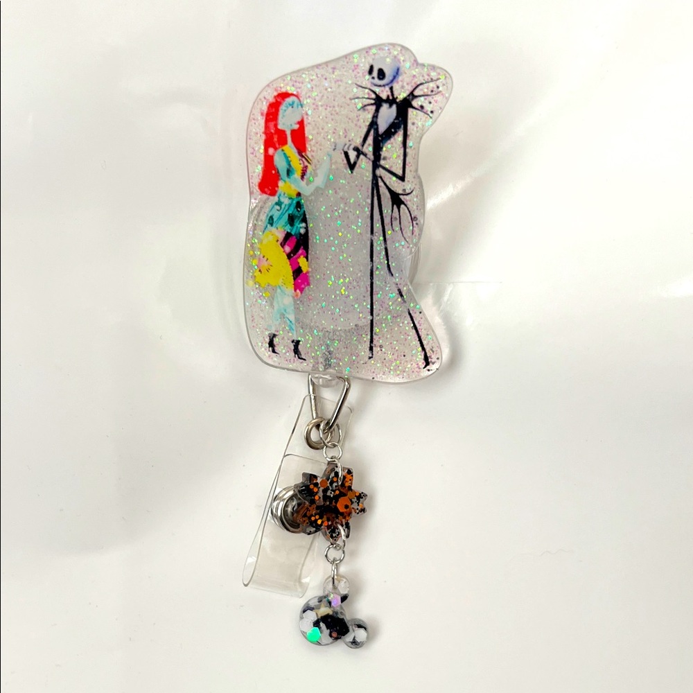 New Jack & Sally Glittery Badge Reel with Charms nightmare before Christmas